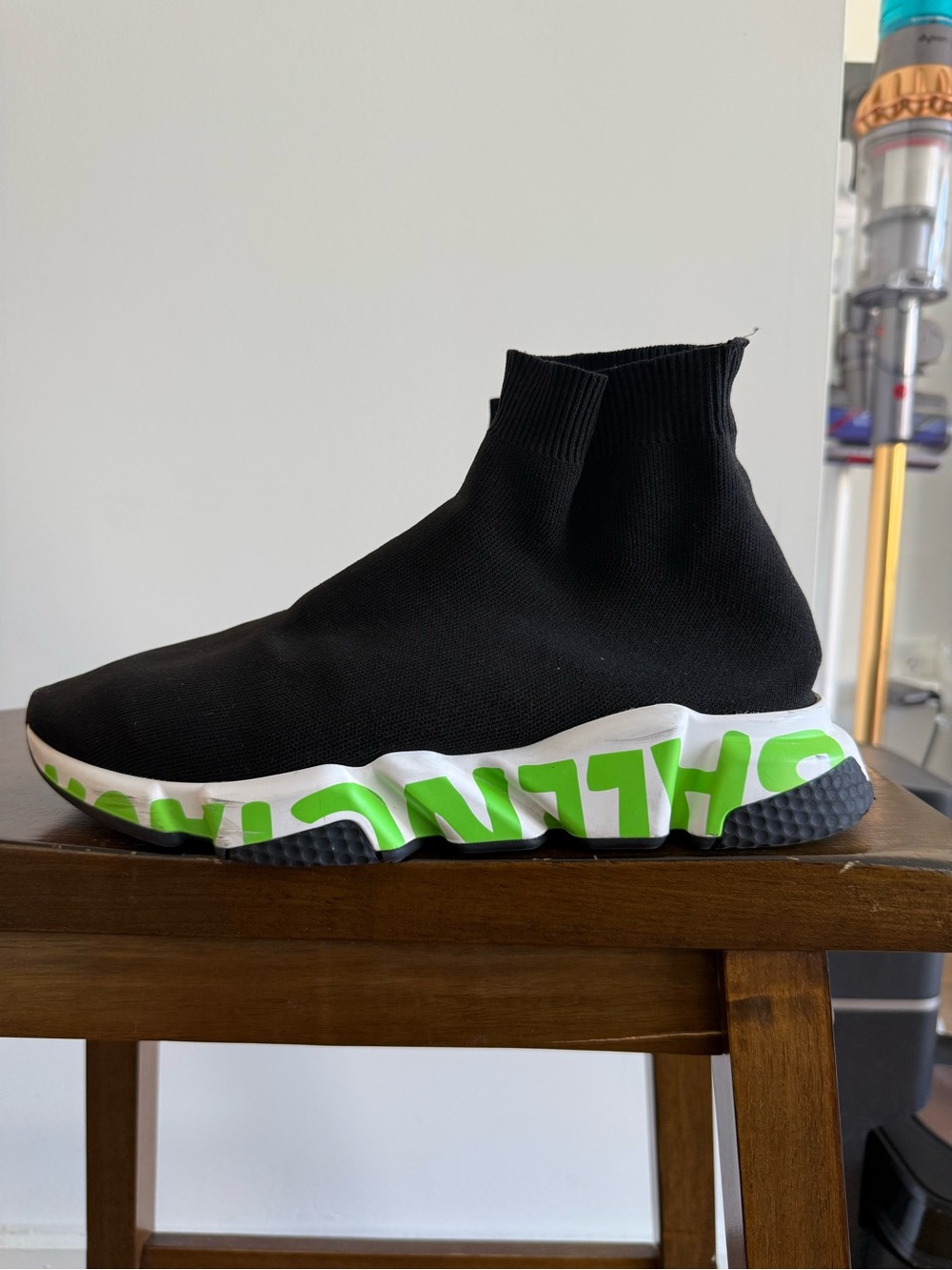 Balenciaga Black Knit Sock Sneakers with White Sole and Green Graphic
